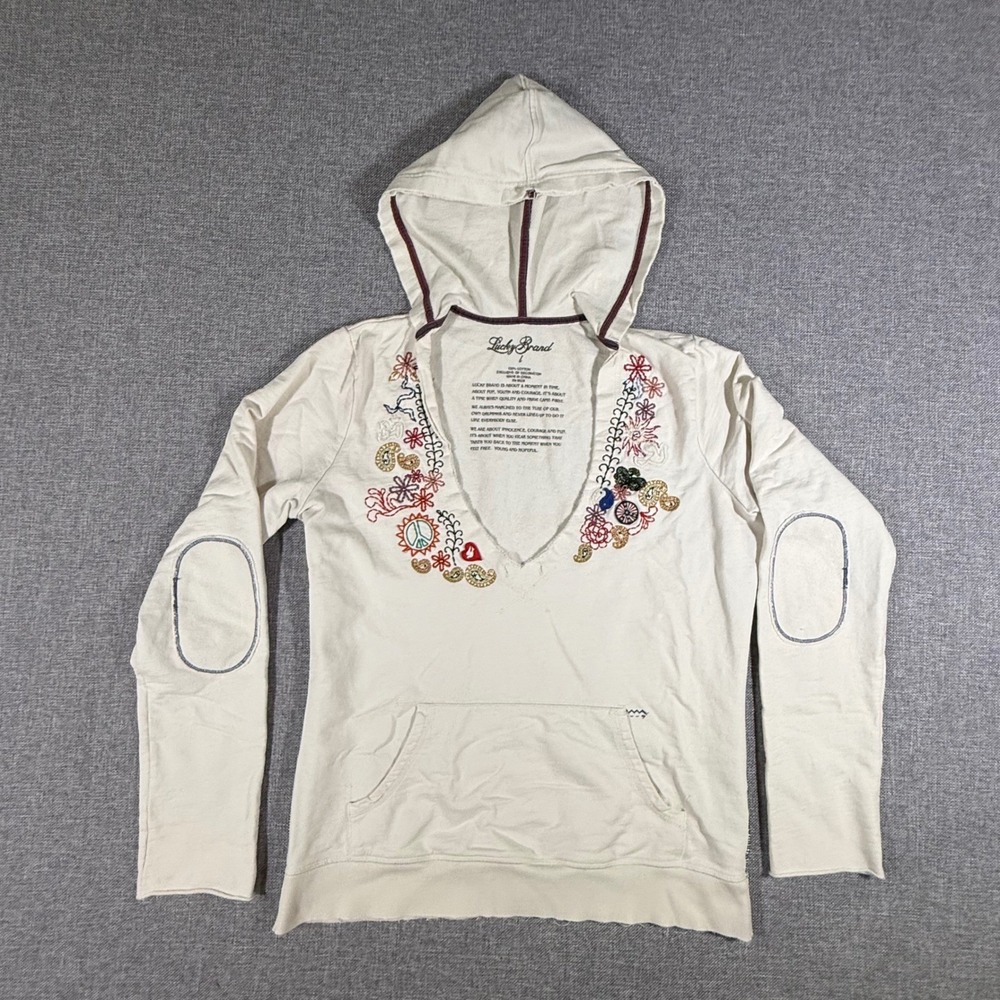 Lucky Brand Embroidered Hoodie Womens L Cream Boho Hippie Peace V-Neck Pullover - Picture 2 of 9